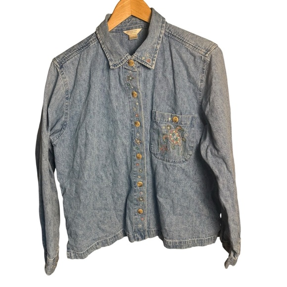 Vtg Christopher & Banks Womens Denim Shirt Turtle Embroidered Nautical Nature L - Picture 5 of 13